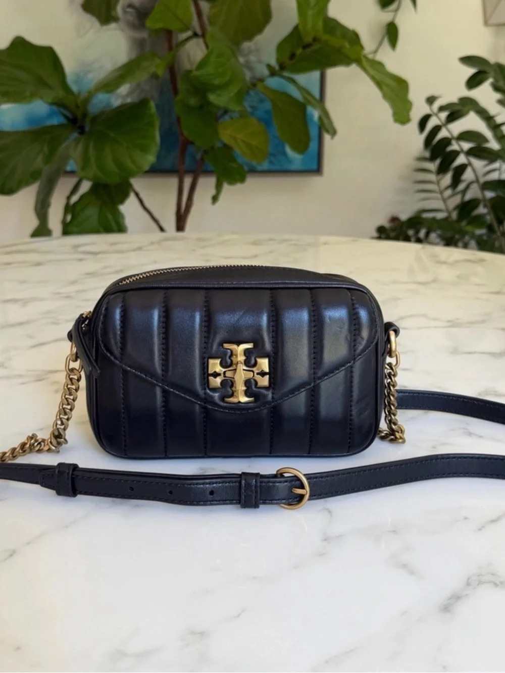Tory Burch Kira Quilted Leather Mini Camera Crossbody Bag Black / Gold